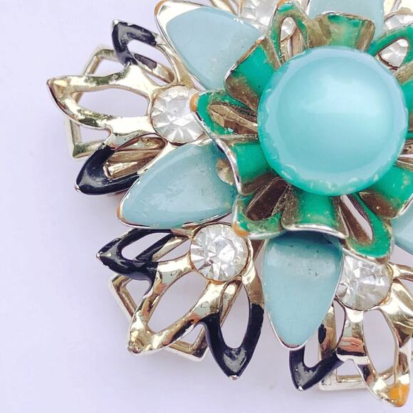 VTG Mid Century Brooch Moonglow Cab Floral Blue Enamel Rhinestones Gold Tone Pin - Picture 4 of 9